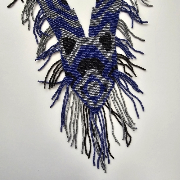 NEW Blue Gray Black Multi Boho Seed Beaded Fringe Statement Necklace - Picture 6 of 10